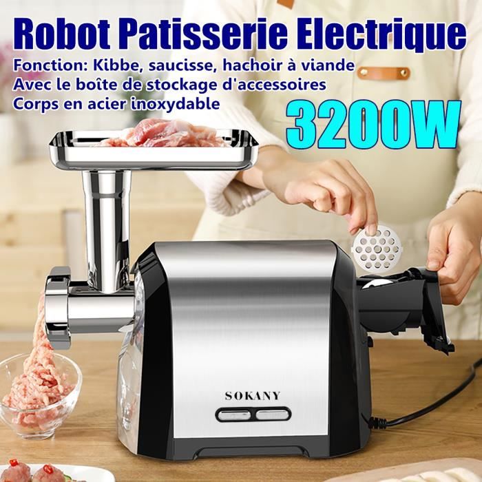 SOKANY 3200W Hachoir à Viande Saucisse Electrique - Robot Patisserie - Broyeur Cuisine Multifonctionnel en Acier inoxydable 220V