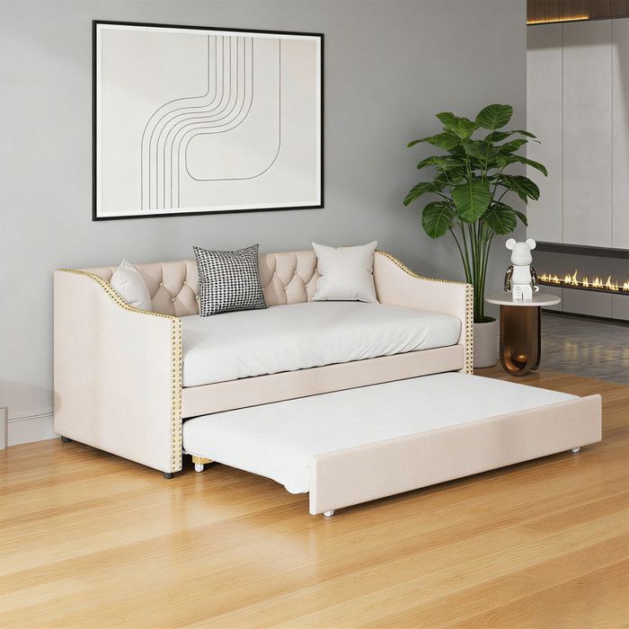 90x200cm lit gigogne canapé-lit avec lit escamotable multifonctionnel Lit rembourré tissu de lin lit dinvité beige