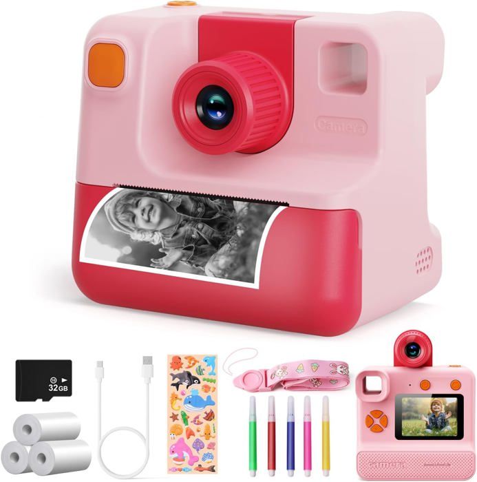 Appareil Photo Instantané CAMCLID 1080P – 12MP, Impression Thermique Noir/blanc, 180 Tirages, Jeu De Puzzle, MP3, Cadeau 3-12 Ans