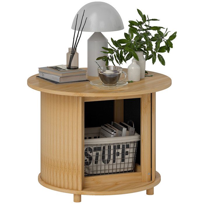 Table basse ronde - HOMCOM - en bambou - rangement caché et porte coulissante - dim. Ø 60 x 45H cm - bois naturel