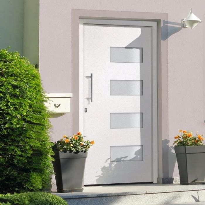 vidaXL Porte dEntrée Porte dExtérieur Sécurité Maison Jeu de Poignées Jeu de Clés Ruban Adhésif Aluminium et PVC Blanc 3056823