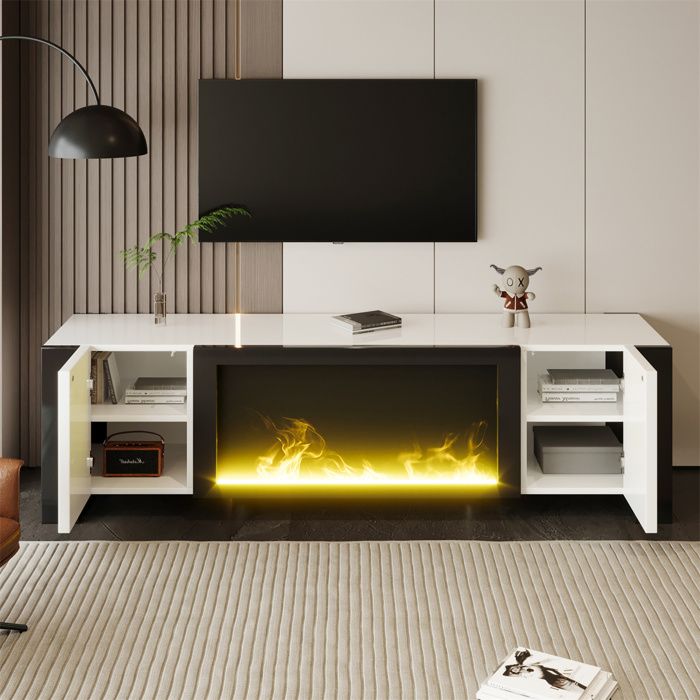 Meuble TV Blanc avec Cheminée électrique à Effet Flamme Meuble Salon Meuble TV Bas avec Rangement Scandinave 165×32×55cm