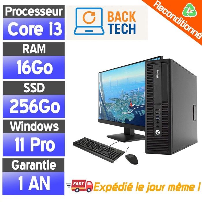 Unité Centrale Économique avec Écran - HP ProDesk 600 G2 - Core i3-6100 - SSD 256 Go - 8 Go RAM - Écran 22 Reconditionné - Hewlett-Packard reconditionné disponible sur Cdiscount Seconde Vie