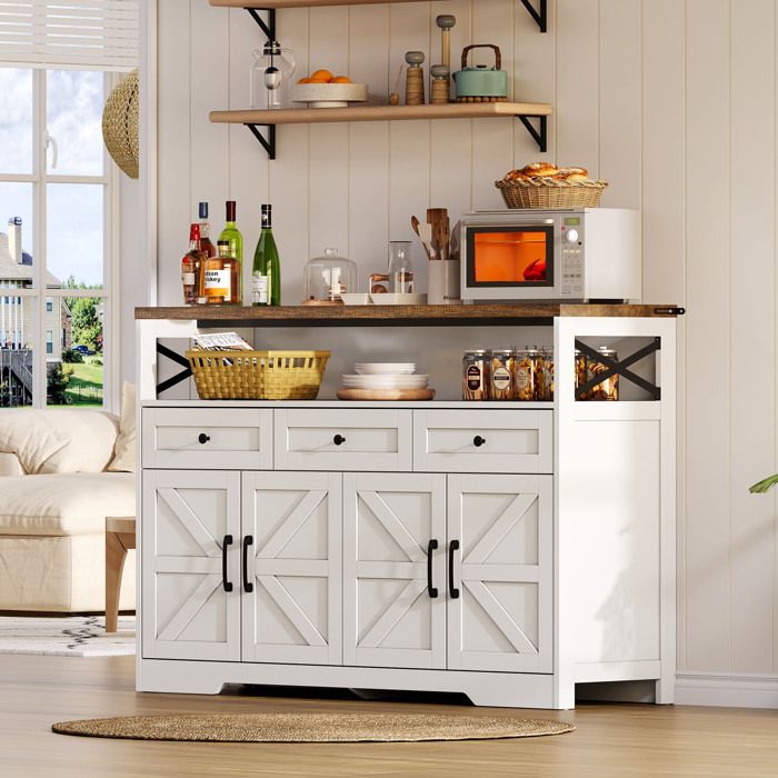 Buffet de Cuisine avec 3 Tiroirs 4 Portes Style rustique Armoire pour Salle à manger Blanc/brun 140x35x95cm
