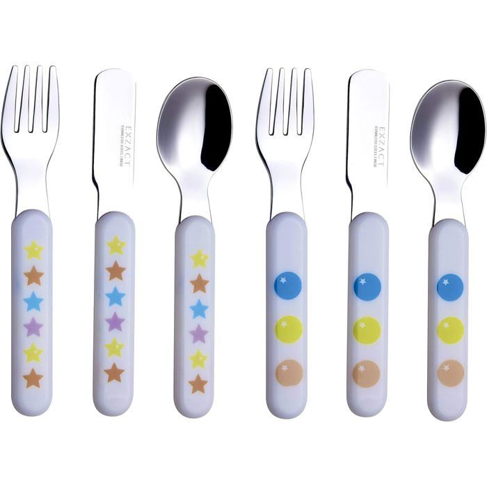 Couverts pour enfants - EXZACT - 6 pièces - Inox 18/10 - Poignées en plastique - Motifs étoiles et points