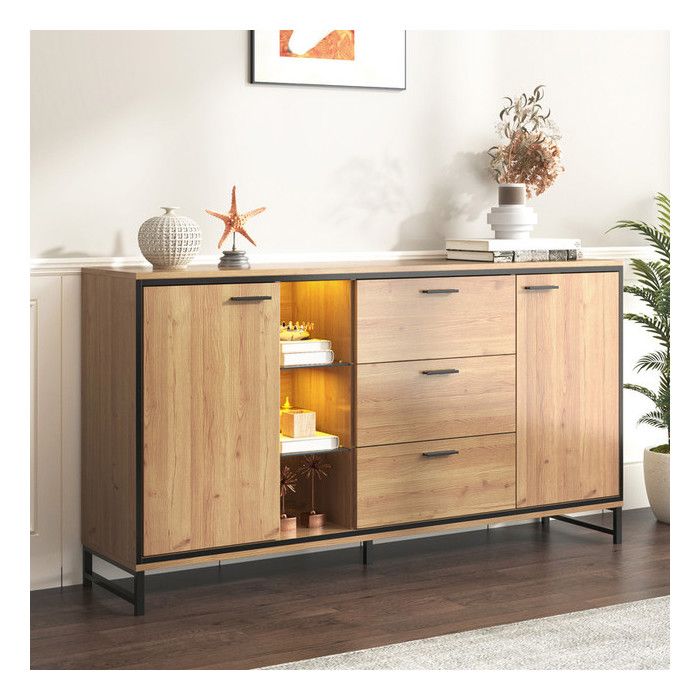 Buffet Salle a Manger a Trois Tiroirs 160x40x85 cm Buffet avec Compartiments de Rangement Buffet de Cuisine Noir et Couleur Bois