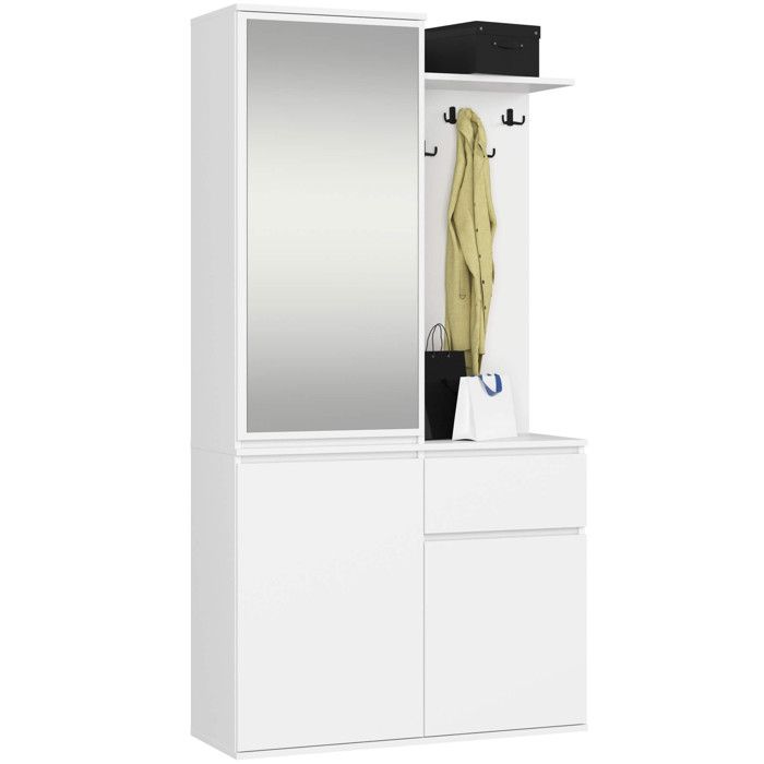 Ensemble de meubles dentrée ENTRO Blanc avec armoire et miroir 95 cm 3 portes 1 tiroir 7 étagères 95x35x183 cm Ensemble de meubles dentrée ENTRO Blanc avec armoire et miroir 95 cm 3 portes 1 tiroir 7 étagères 95x35x183 cm