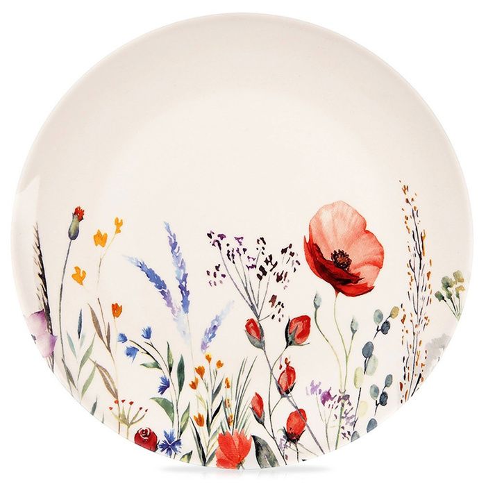 Assiette plate en porcelaine - ORION - Maki - 27 cm - Blanc - Motif fleurs des champs - Compatible lave-vaisselle Assiette plate en porcelaine - ORION - Maki - 27 cm - Blanc - Motif fleurs des champs - Compatible lave-vaisselle