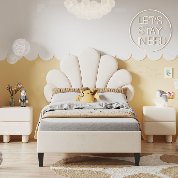 ADWOLT Lit enfant 90x200 cm avec sommier à lattes structure de lit 1 place tête de lit en forme de fleur velours beige