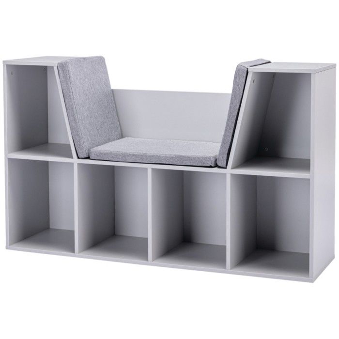 Étagère Enfant Avec Tabouret Et 6 Compartiments - Banc Rangement Avec Coffre À Jouets Et 3 Coussins Gris (103x30x62 Cm)