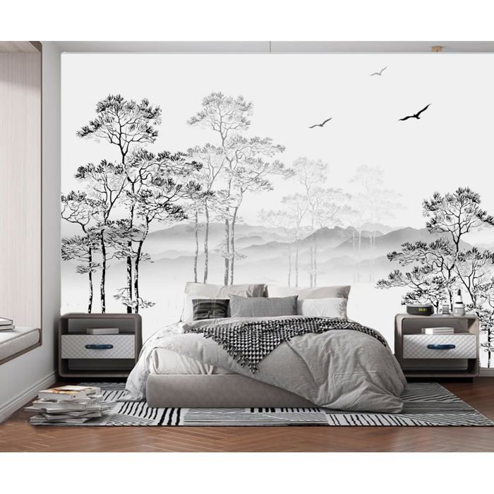 Papier Peint Panoramique 3D Soie Noir et Blanc Nature Foret, 350x250cm ...