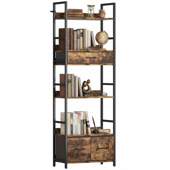 Bibliothèque - HOMCOM - 6 niveaux avec 4 étagères 3 tiroirs en tissu - industriel - cadre en métal - 60x30x176cm - brun rustique