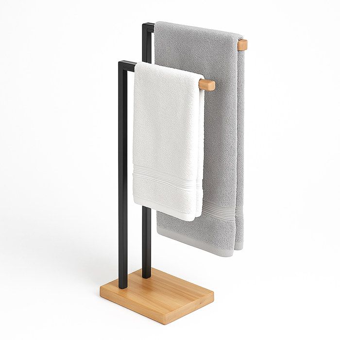 Porte-serviettes Relaxdays sur pied avec 2 barres pour serviettes à main et de bain en métal et bambou noir/nature