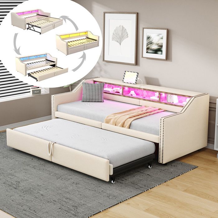 Canapé-lit rembourré extensible - 90/180 x 200 cm - Compartiment de rangement multifonctionnel - Lumière LED - Prise USB