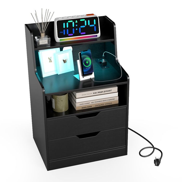 COSTWAY Table de Chevet LED avec Prise Intégrée 2 Prises Port USB Type-C 2 Tiroirs Étagère Ouverte pour Salon Chambre Blanc COSTWAY Table de Chevet LED avec Prise Intégrée 2 Prises Port USB Type-C 2 Tiroirs Étagère Ouverte pour Salon Chambre Blanc