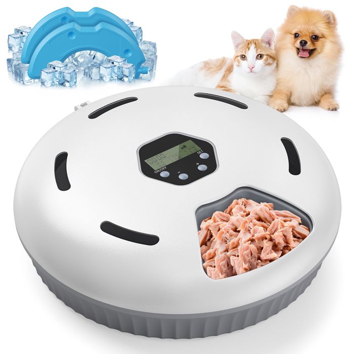 Distributeur Automatique de Nourriture avec Minuterie Programmable et Visualisé sans Fil et 6 Compartiments Alimentaires de 90g