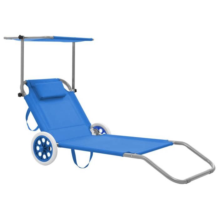 Automne/hiver Bleu Chaise longue pliable avec auvent et roues Acier Bleu - Hauteur:55cm DEC4559155