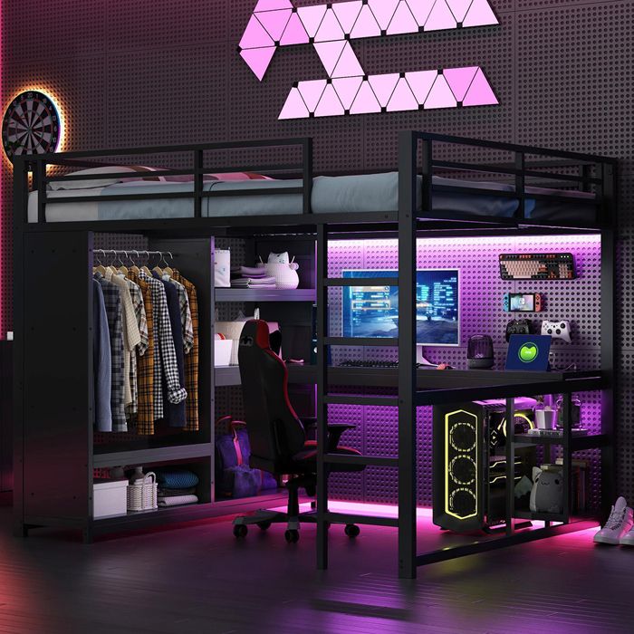 Grand Lit Mezzanine Métal 160x200 LED Bureau Armoire Ouverte Rangement Noir