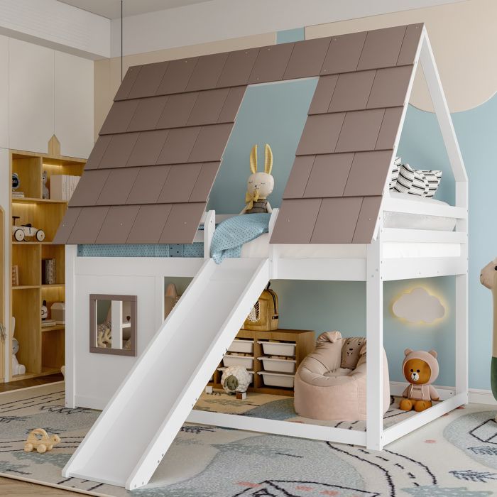 Lit superposé cabane 140x200cm avec toboggan lit mi-hauteur avec toit fenêtre échelle -Pin et MDF -lit avec sommier lattes blanc Lit superposé cabane 140x200cm avec toboggan lit mi-hauteur avec toit fenêtre échelle -Pin et MDF -lit avec sommier lattes blanc