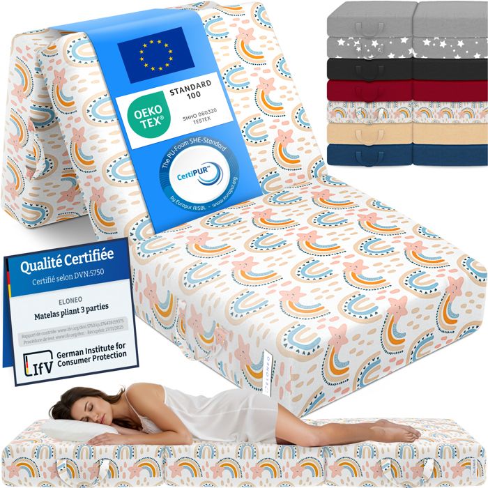 ELONEO Matelas Pliant 3 Parties Mousse Épaisse 15 cm Lavable Pour Adulte 75x195x15 cm motif arc-en-ciel