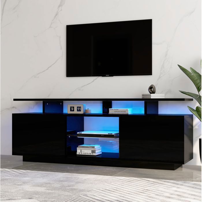 Meuble TV noir L 140 x P 35 x H 55 cm avec éclairage LED (app) 2 portes brillant 5 niches