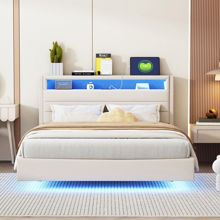 Lit Double Capitonné 140x200cm Lin Beige USB LED Tête Réversible Pied Discret Adulte Jeune Sans Matelas Lit Double Capitonné 140x200cm Lin Beige USB LED Tête Réversible Pied Discret Adulte Jeune Sans Matelas