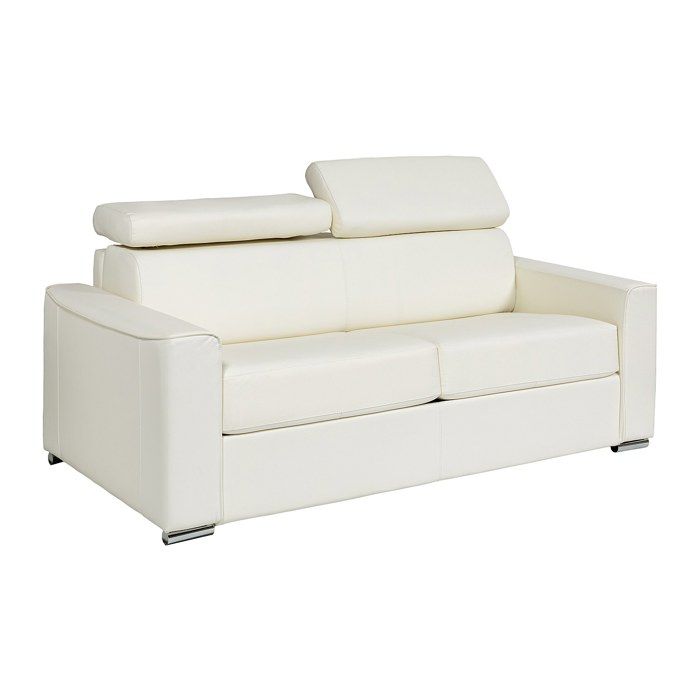 Canapé 3 places convertible express en cuir de buffle blanc - Couchage à lattes larges 140 cm - Matelas 14 cm VIZIR