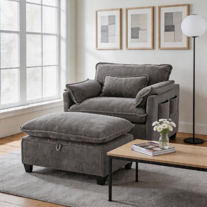 Fauteuil dappoint avec pouf - W3056P316437/ W3056P316436 - Chenille gris - Pouf rangement & repose-pieds - Confort rembourré
