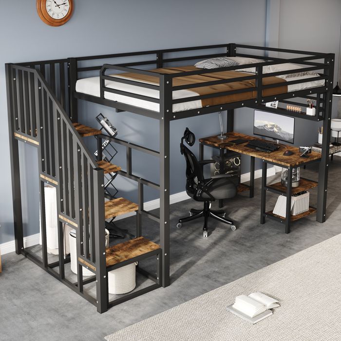 Lit Mezzanine 120x200 cm avec Bureau et Escalier à Main Courante - Lit Surélevé en Métal Noir Rangement Intégré Sans Matelas