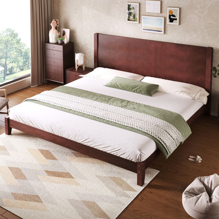 Lit double plateforme 180x200cm avec tête de lit et sommier à lattes MDF marron