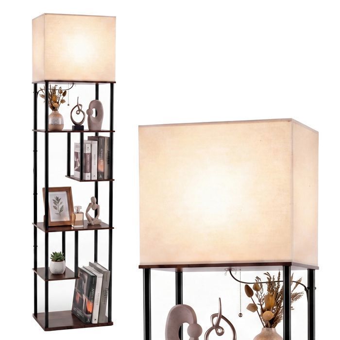 Lampadaire sur Pied Salon COSTWAY-5 Étagères Décalées Ouvert en Bois-Abat-Jour en Tissu de Lin-Douille E27-Interrupteur à Cordon