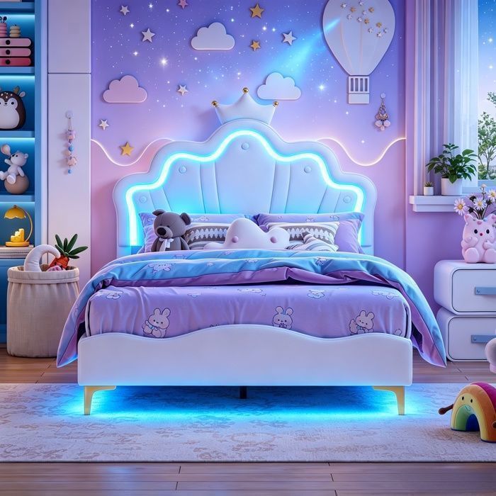 Lit enfant 140x190 cmlit doublelit filleadotête couronneLED réglabletête réglablesommier lattesPUblanc