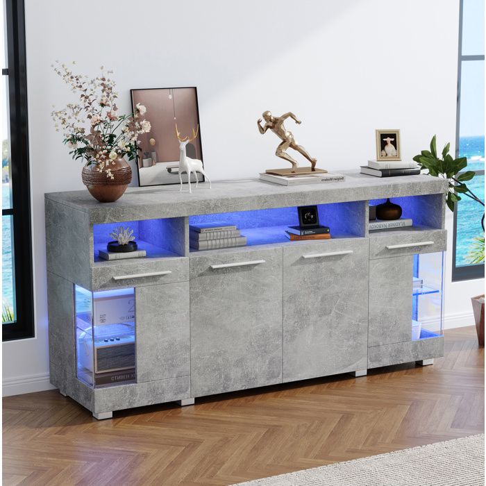 Buffet bas 3 tiroirs 6 niches et LED - BEAUNIV - Industriel pour salon MDF verre trempé gris ciment 140×40×70 cm