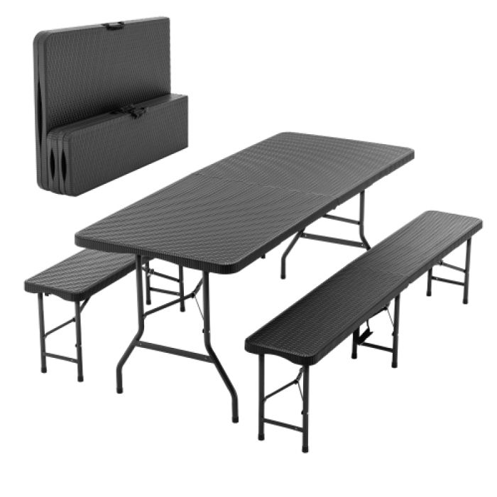 Table de pique-nique pliable 180cm avec 2 bancs ensemble camping 3 pièces plateau HDPE motif bois verrouillage sécurité noir