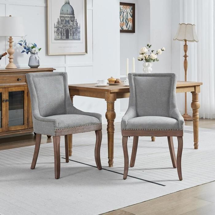 Chaise de salle à manger - KOMHTOM - Modèle 61x55x92 5 cm - Tissu chenille gris - Bois massif - Dossier haut Chaise de salle à manger - KOMHTOM - Modèle 61x55x92 5 cm - Tissu chenille gris - Bois massif - Dossier haut