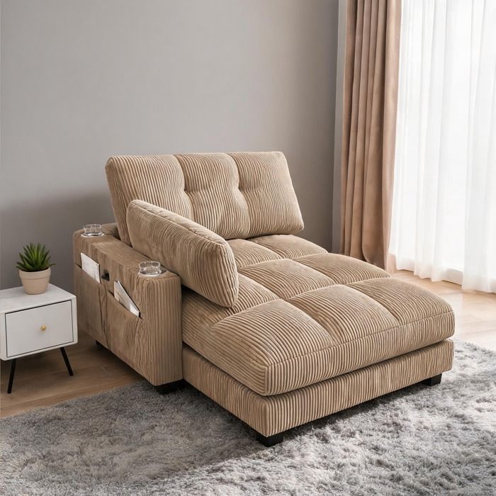Fauteuil canapé lounge 1 place en velours côtelé beige doux accoudoirs interchangeables style contemporain