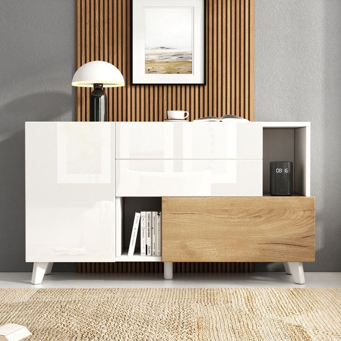 Buffet blanc brillant 130x40x70cmavec 2 tiroirs et portespanneau de particulesarmoire de salon moderne avec espace de rangement