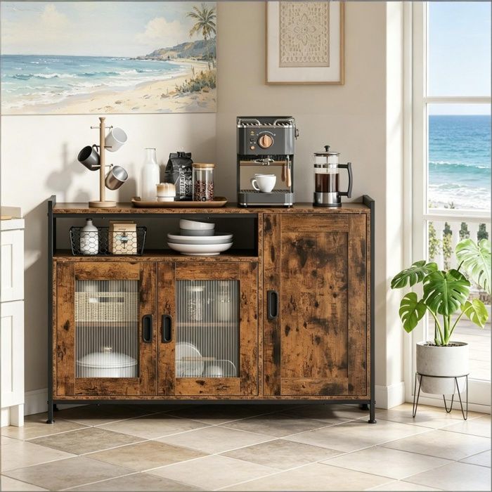 Buffet de Cuisine - 110x75x33cm - Sideboard Bas Style Industriel avec Niche Ouverte Étagères Réglables - Marron Rustique