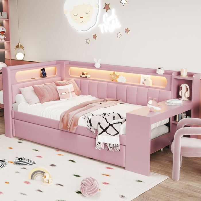 MEUBLIV Lit combiné rembourré 90x200 cm rose avec lit gigogne bureau étagères USB et LED 7 couleurs