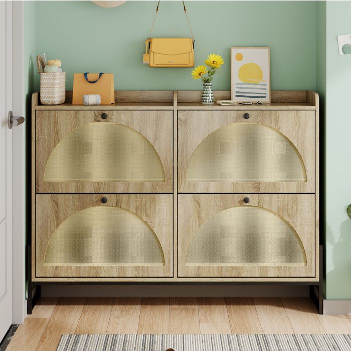Meuble à Chaussures 4 Abattants Dos Ventilé Bords Arrondis - ELVMI - Aspect Bois Façades PE Rotin pour Entrée 118×25×91 5 cm