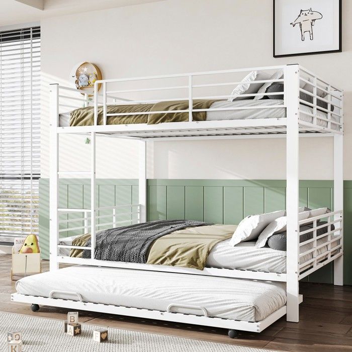 Lit Superposé Métallique Blanc 140x200cm Triple avec Lit Gigogne 3 Couchages Chambre Enfant Sans Matelas Lit Superposé Métallique Blanc 140x200cm Triple avec Lit Gigogne 3 Couchages Chambre Enfant Sans Matelas