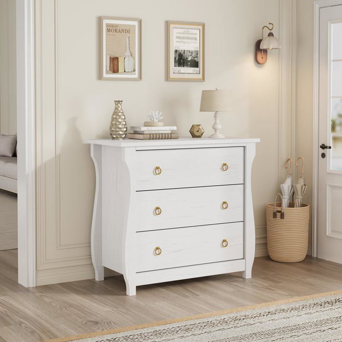 Commode 3 tiroirs moderne en bois avec façades en rotin – Rangement pour chambre salon entrée – Armoire haute