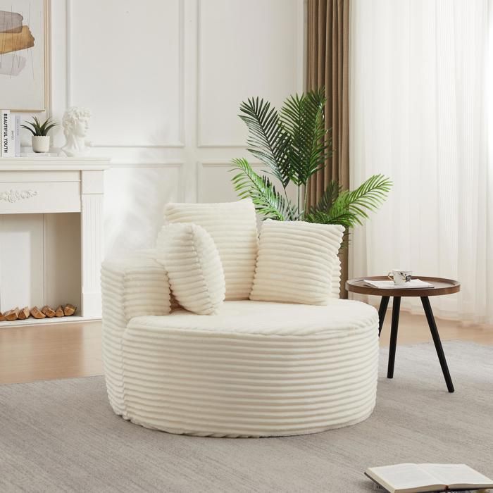 Fauteuil Simple - 110x110x82cm - Fauteuil Crapaud Pivotant/Fixe en Velours Côtelé avec 3 Coussins & Accoudoirs Larges - Beige