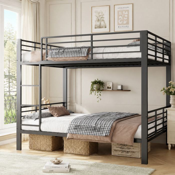 Ulsam Lit Superposé Métal Noir 2x140x200 cm pour 4 Personnes avec échelle et Garde-corps Sommier inclus