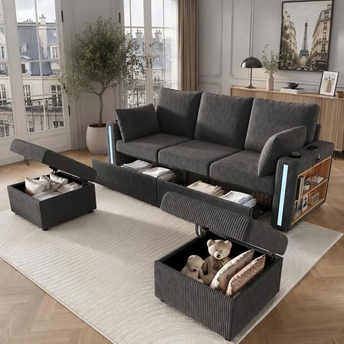 LEMONMAX Canapé dangle modulable U/L 190 x 130 x 85 cm avec 2 poufs coffre 2 tiroirs LED avec appli et USB-C velours côtelé Gris
