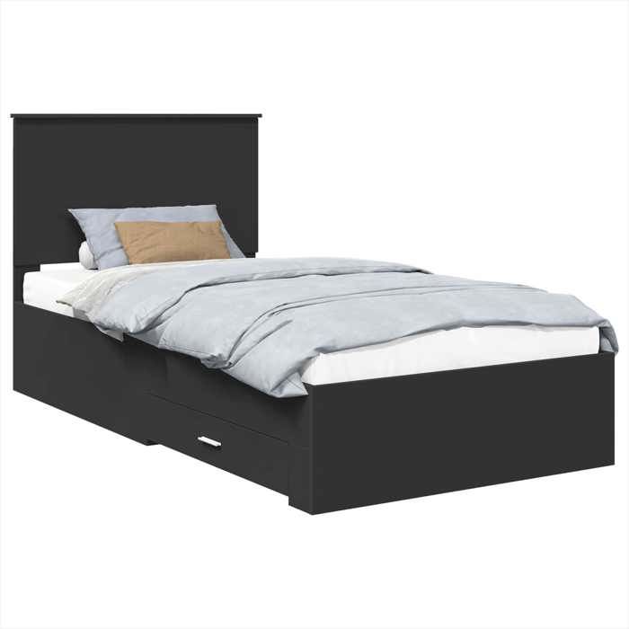 Cadre de Lit simple Noir et Argent 90x200 cm avec rangement intégré et sommier à lattes inclus pour Chambre dEnfant EU822165