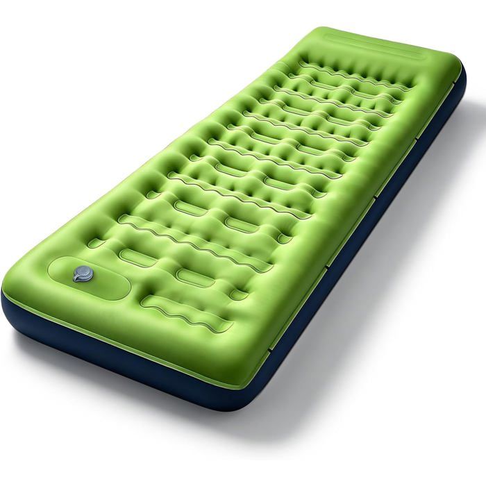 Matelas de camping autogonflant 1 personne 12 cm pompe à pied et oreiller intégré 200 x 65 cm randonnée et plage