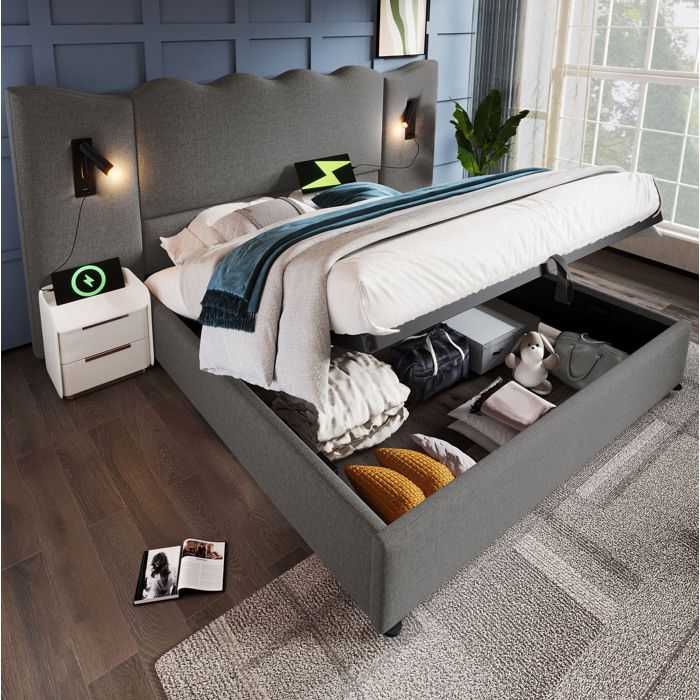 Lit coffre gris 252 x 215 x 111 cm 180 x 200 cm lampe de lecture USB et Type-C sommier à lattes sans matelas