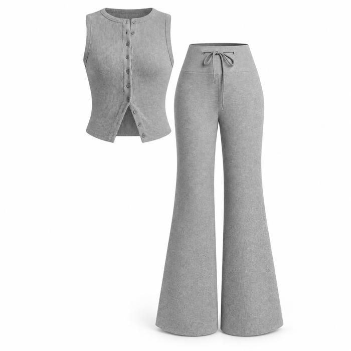 ENSEMBLE DE VETEMENTS DE SPORT Ensemble femme 2 pièces débardeur boutonné et pantalon large taille haute S-XXL tenue casual gris