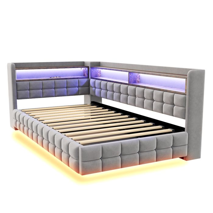Lit banquette rembourré 90x200 cm en velours dans un coloris gris clair matelas non inclus sommier à lattes éclairage LED